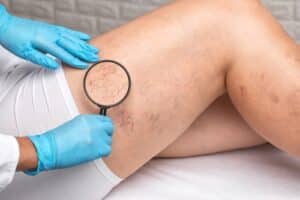 doctor shows the dilation of small blood vessels of the skin on the leg